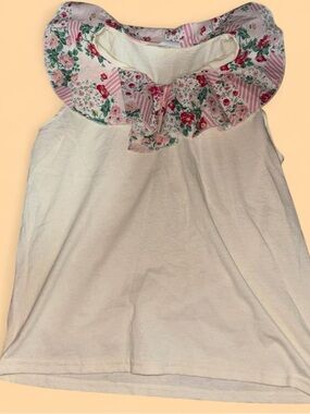 Girls Cream Tank Top with Pink Floral Ruffle Collar - Youth